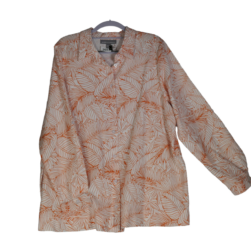 Jessica London Top Women 18W Orange Linen Blend Blouse Roll Sleeve Lightweight
